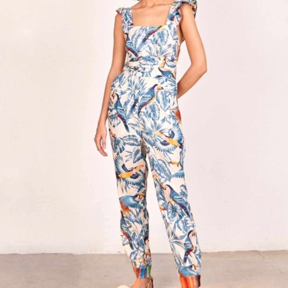 Farm Rio Flying Toucans Open Crossed Back Ruffle Linen Jumpsuit size XL